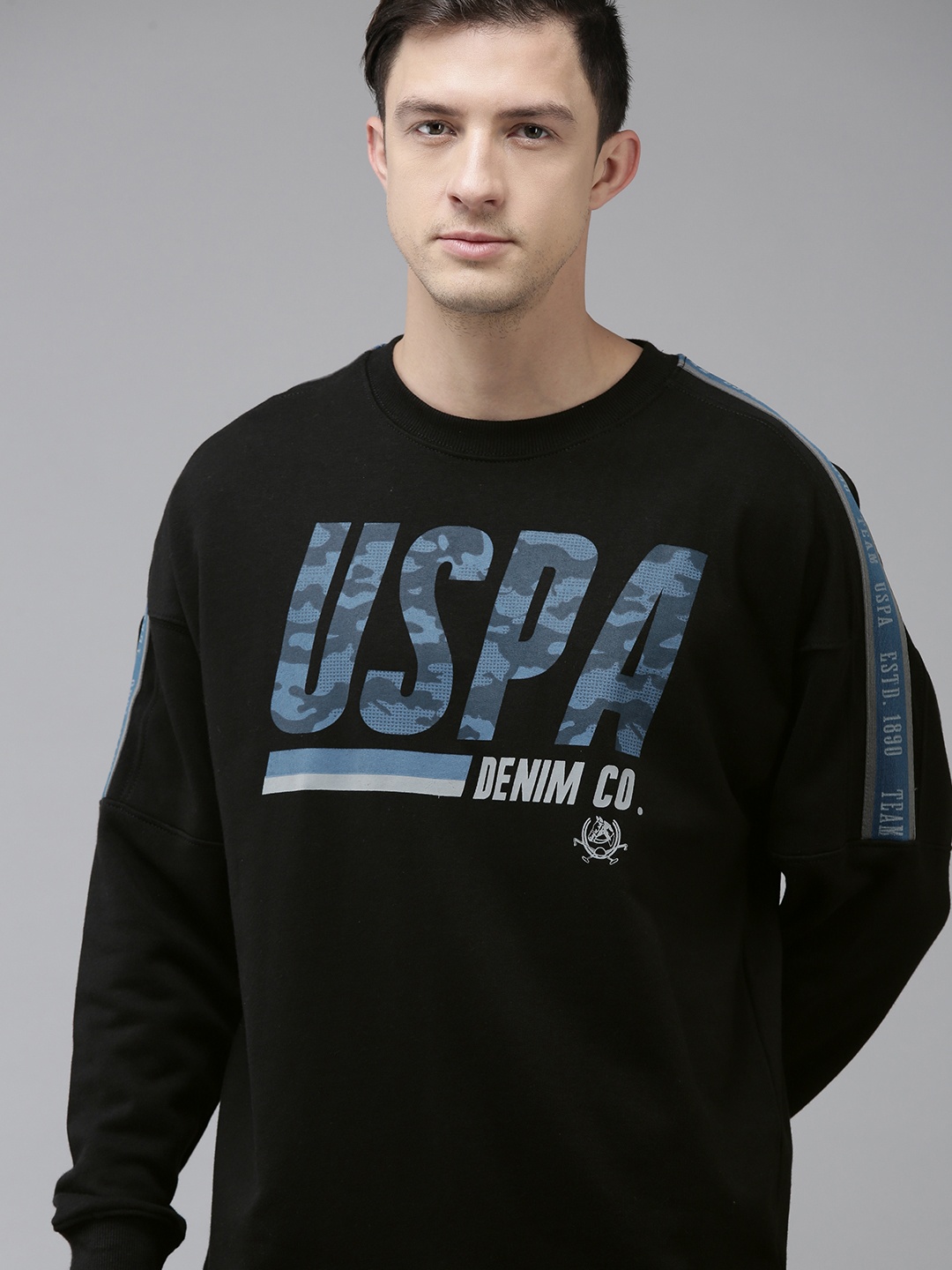 

U S Polo Assn Denim Co Men Black Typographical Printed Pure Cotton Sweatshirt