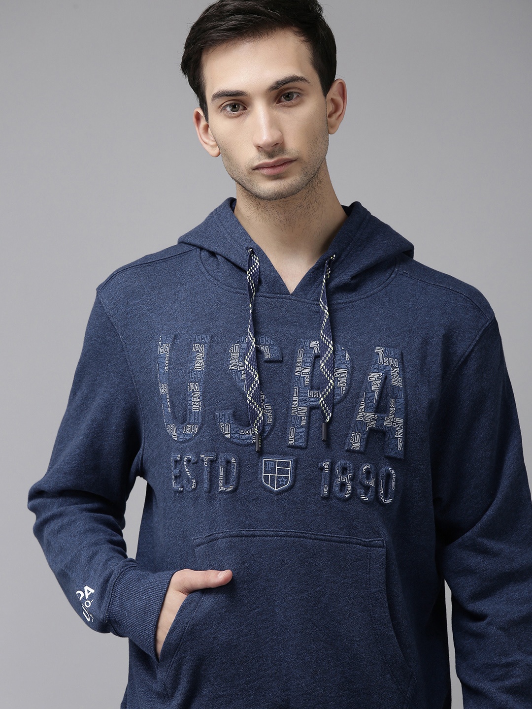 

U S Polo Assn Denim Co Men Navy Blue Embossed Hooded Sweatshirt