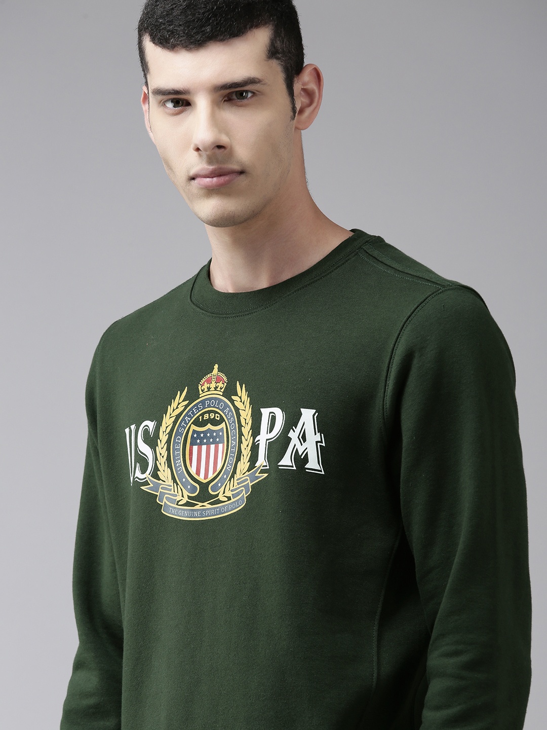 

U S Polo Assn Men Olive Green White Brand logo Printed Round Neck Sweatshirt