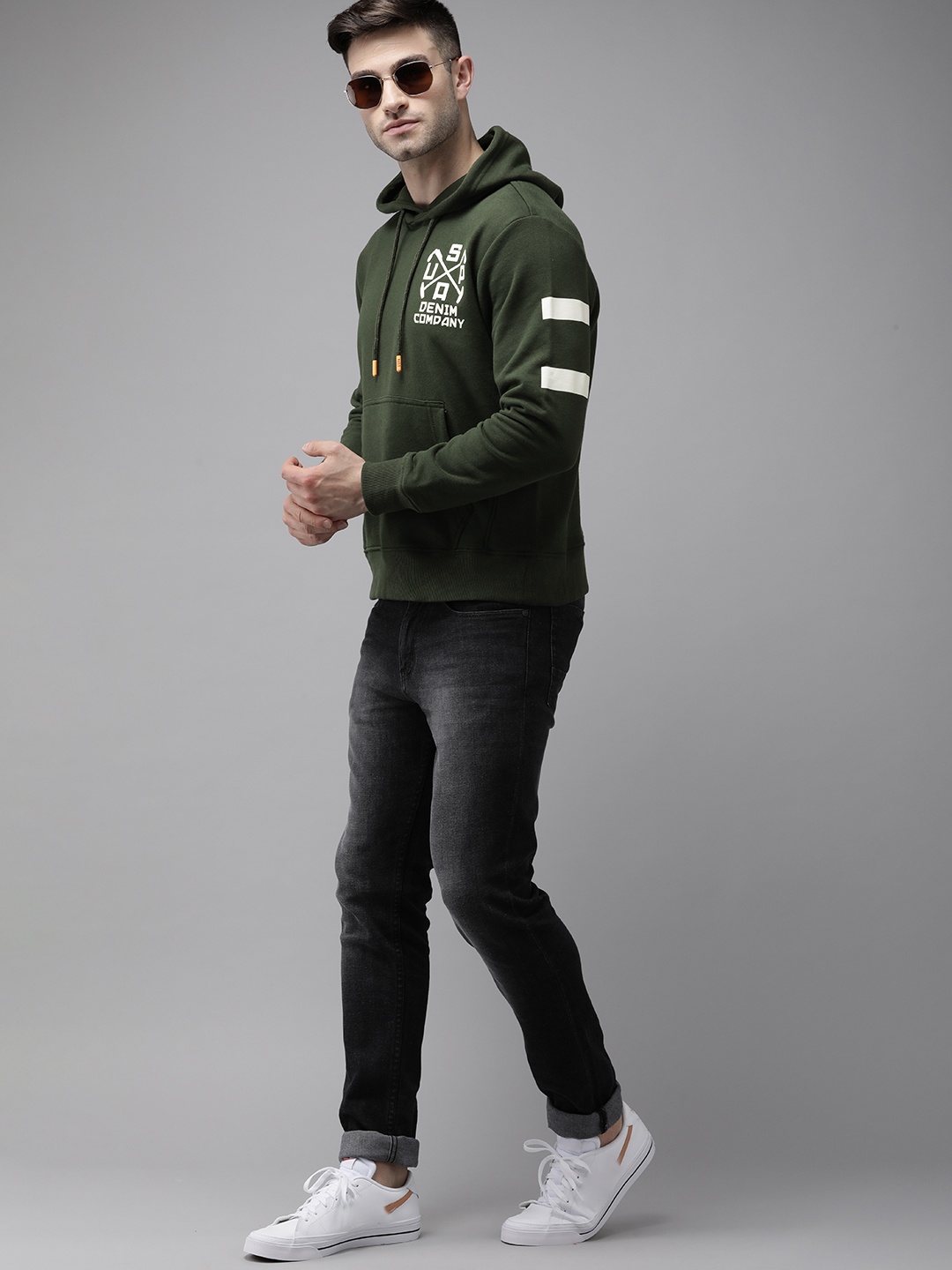 

U S Polo Assn Denim Co Men Olive Green Printed Hooded Sweatshirt