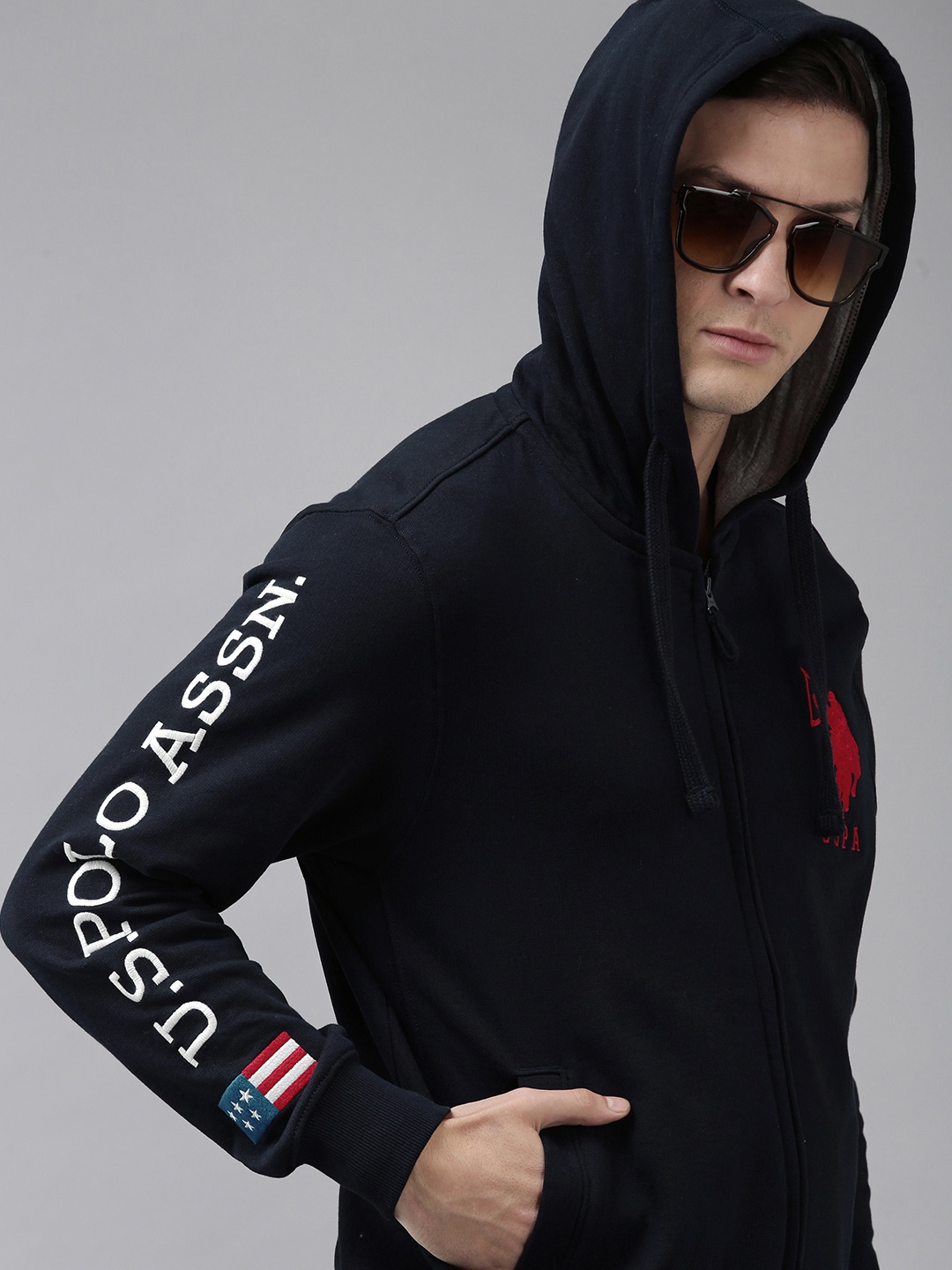 

U S Polo Assn Men Navy Blue Brand Logo Printed Hooded Front-Open Sweatshirt
