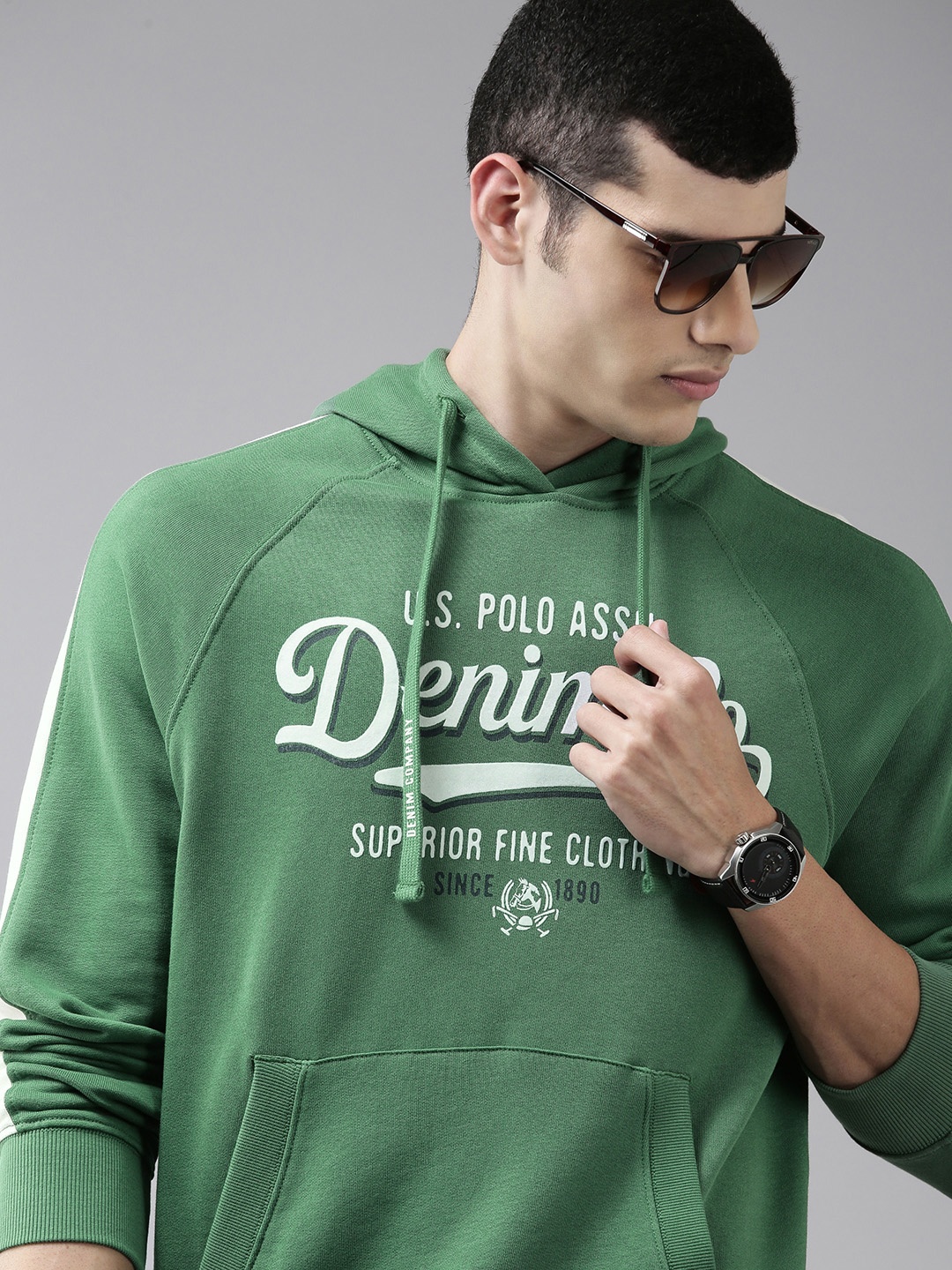 

U S Polo Assn Denim Co Men Green Typographic Printed Pure Cotton Hooded Sweatshirt