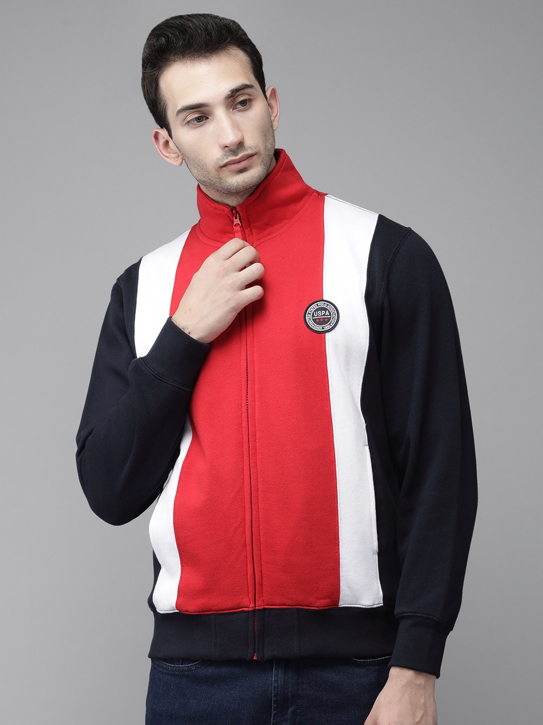 

U S Polo Assn Men Red & Navy Blue Colourblocked Sweatshirt