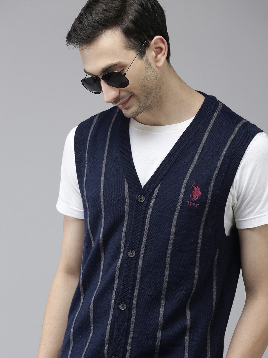 

U S Polo Assn Men Navy Blue & White Striped Cardigan