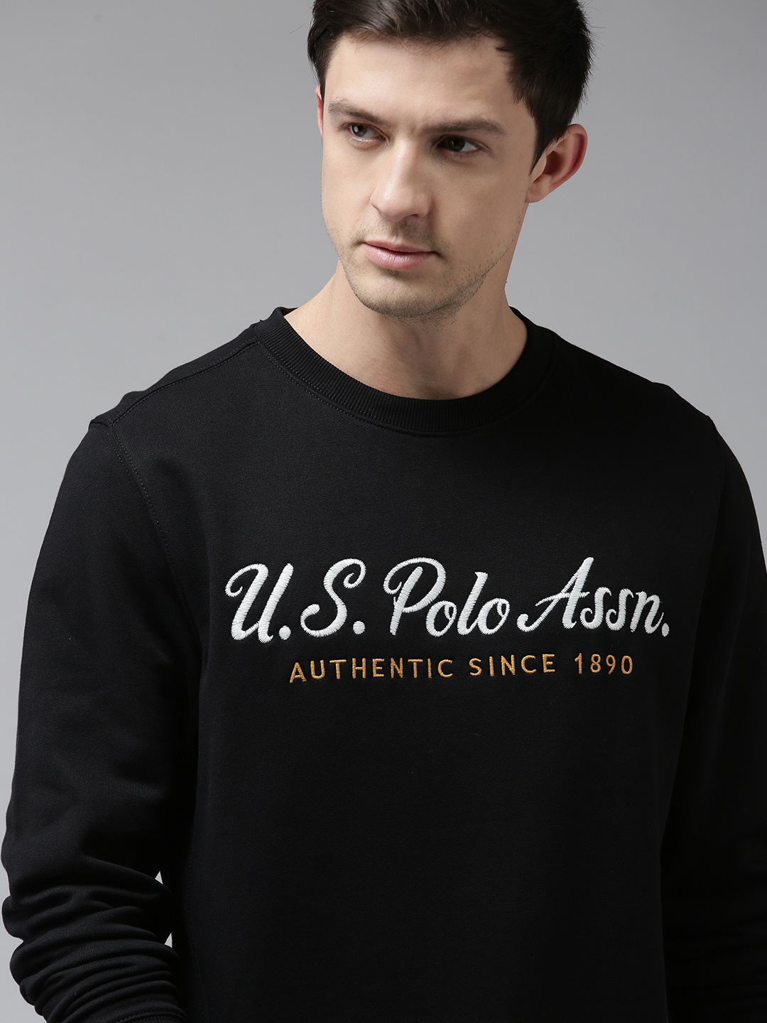

U S Polo Assn Men Black Brand Logo Printed Round Neck Pure Cotton Sweatshirt