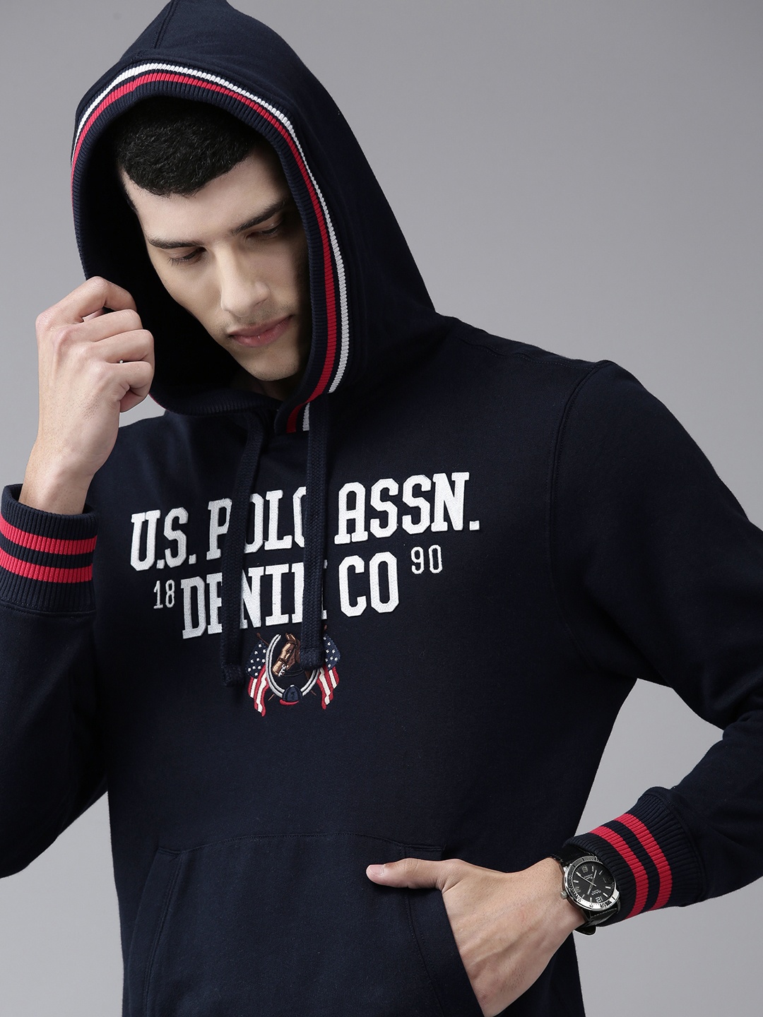 

U S Polo Assn Denim Co Men Navy Blue Typographic Printed Pure Cotton Hood Sweatshirt