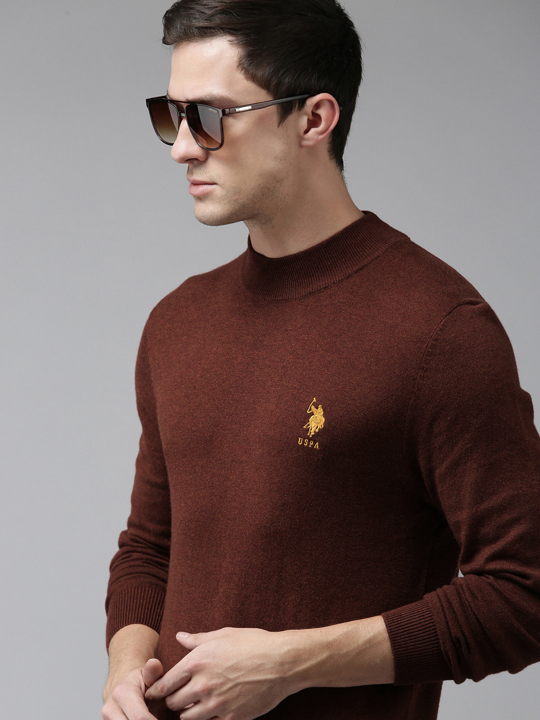 

U S Polo Assn Men Brown Ribbed Pullover Sweater