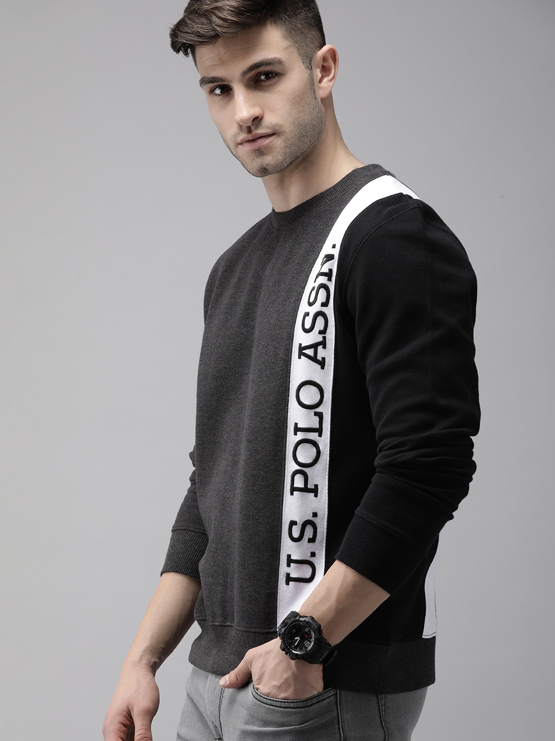 

U S Polo Assn Men Charcoal Grey Brand Logo Printed Sweatshirt