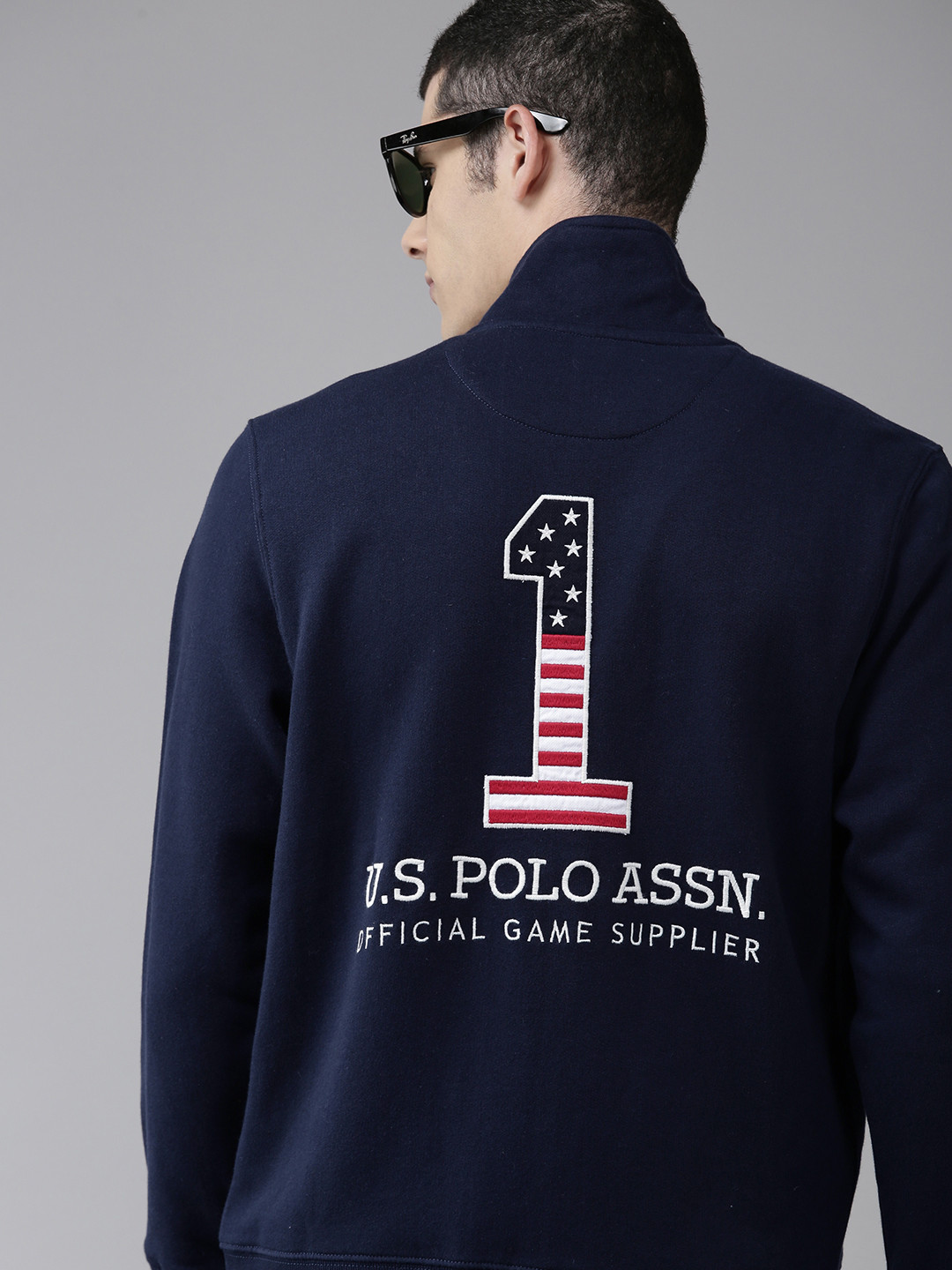 

U S Polo Assn Men Navy Blue Brand Logo Printed Stand Collar Front Open Sweatshirt