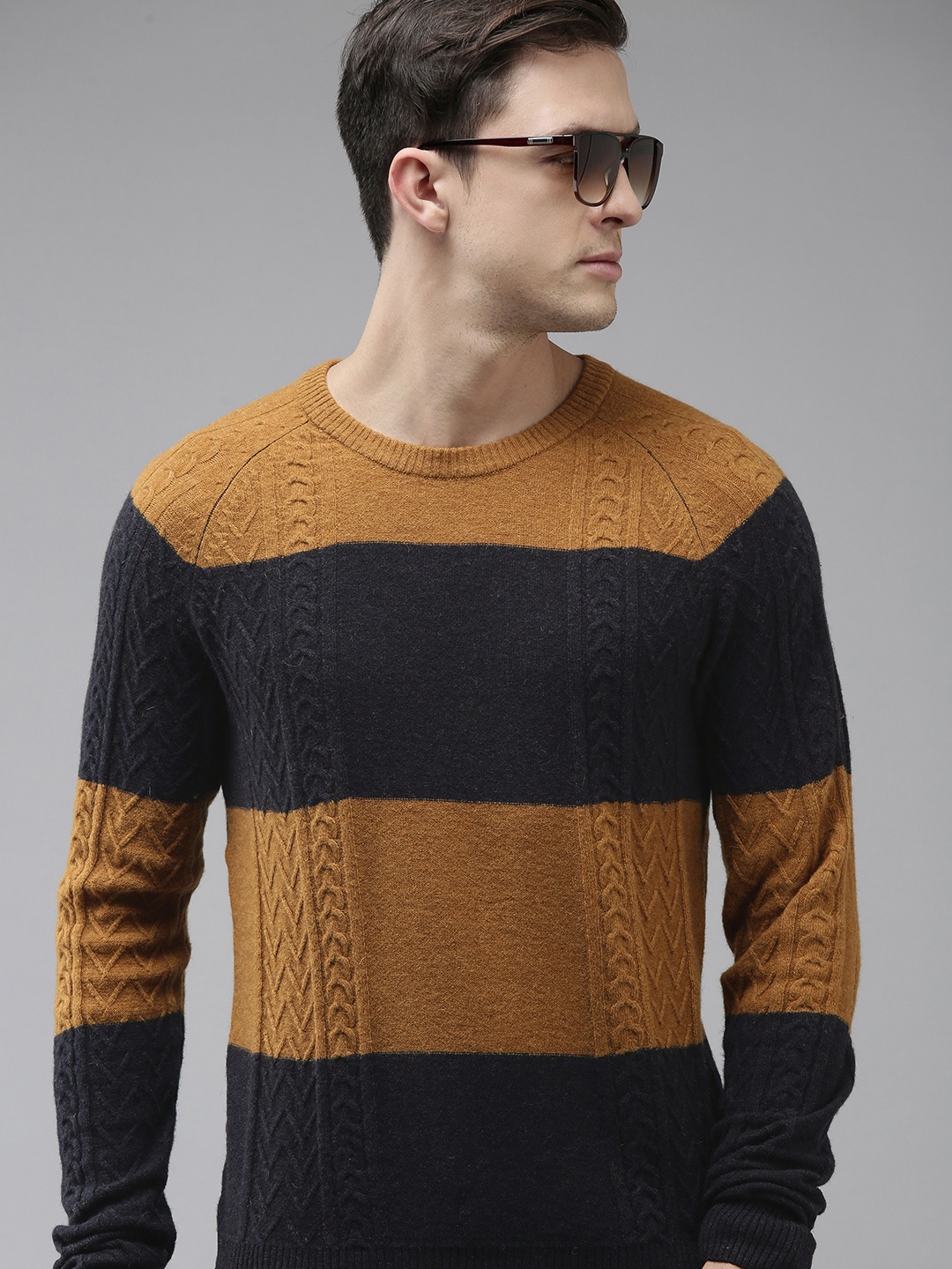 

U S Polo Assn Men Mustard Yellow & Navy Blue Colourblocked Pullover Sweater
