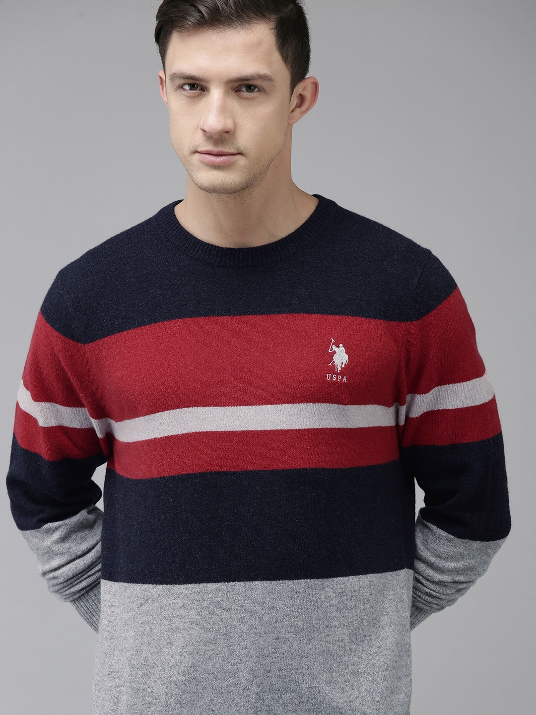 

U S Polo Assn Men Grey Melange & Red Colourblocked Pullover