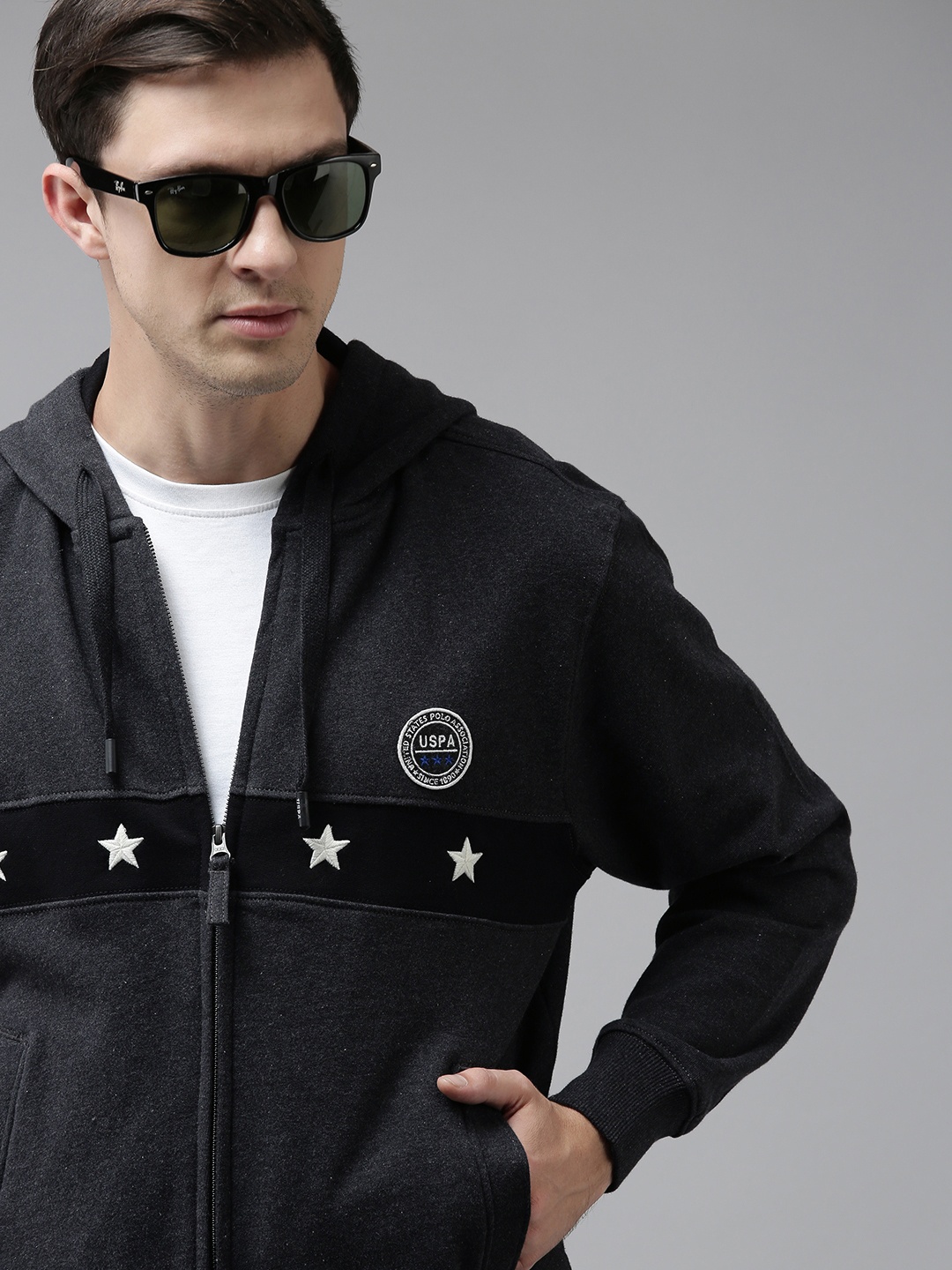 

U S Polo Assn Men Charcoal Brand logo Printed Pure Cotton Hooded Sweatshirt