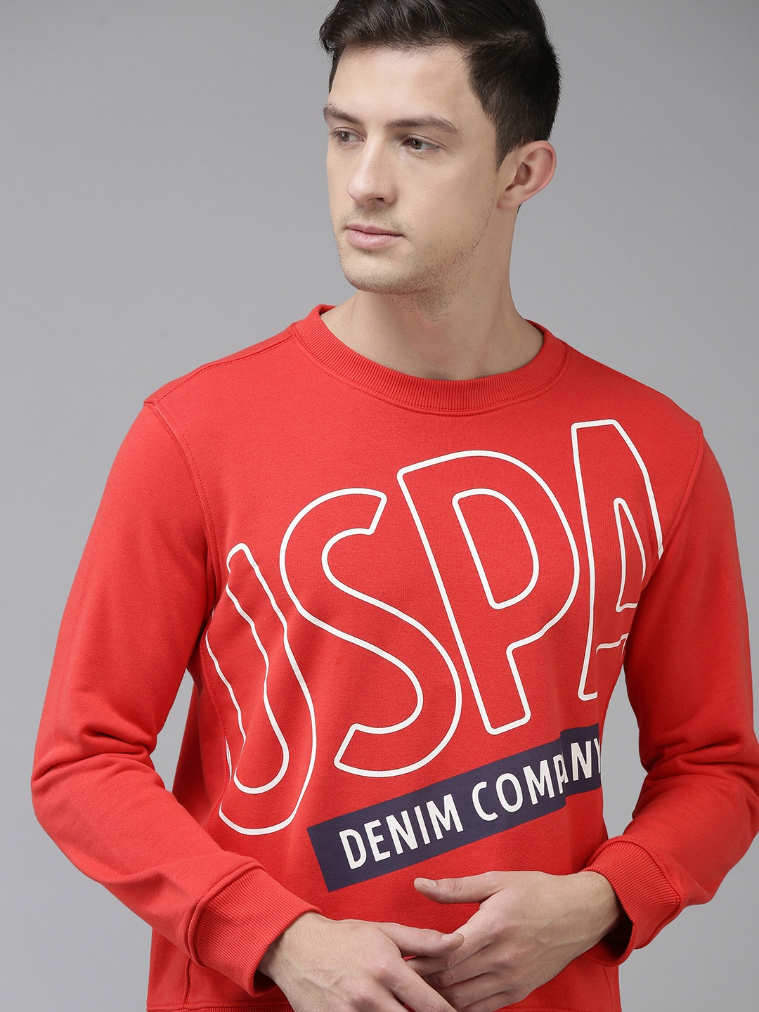 

U S Polo Assn Denim Co Men Red Typographical Printed Sweatshirt