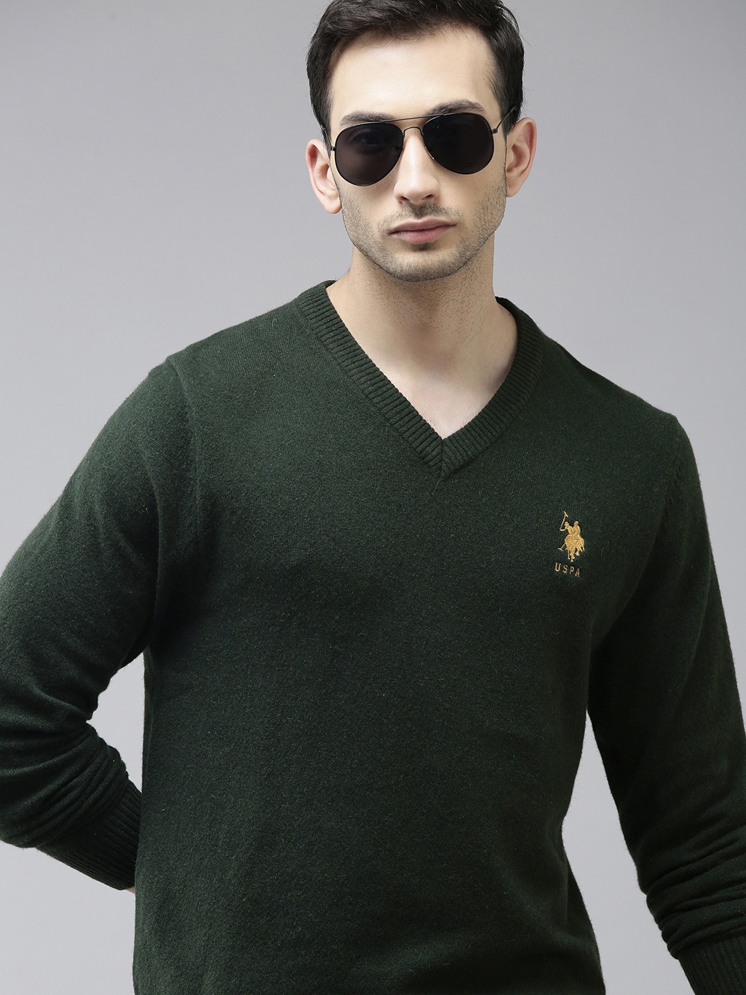 

U S Polo Assn Men Green Solid Pullover Sweater