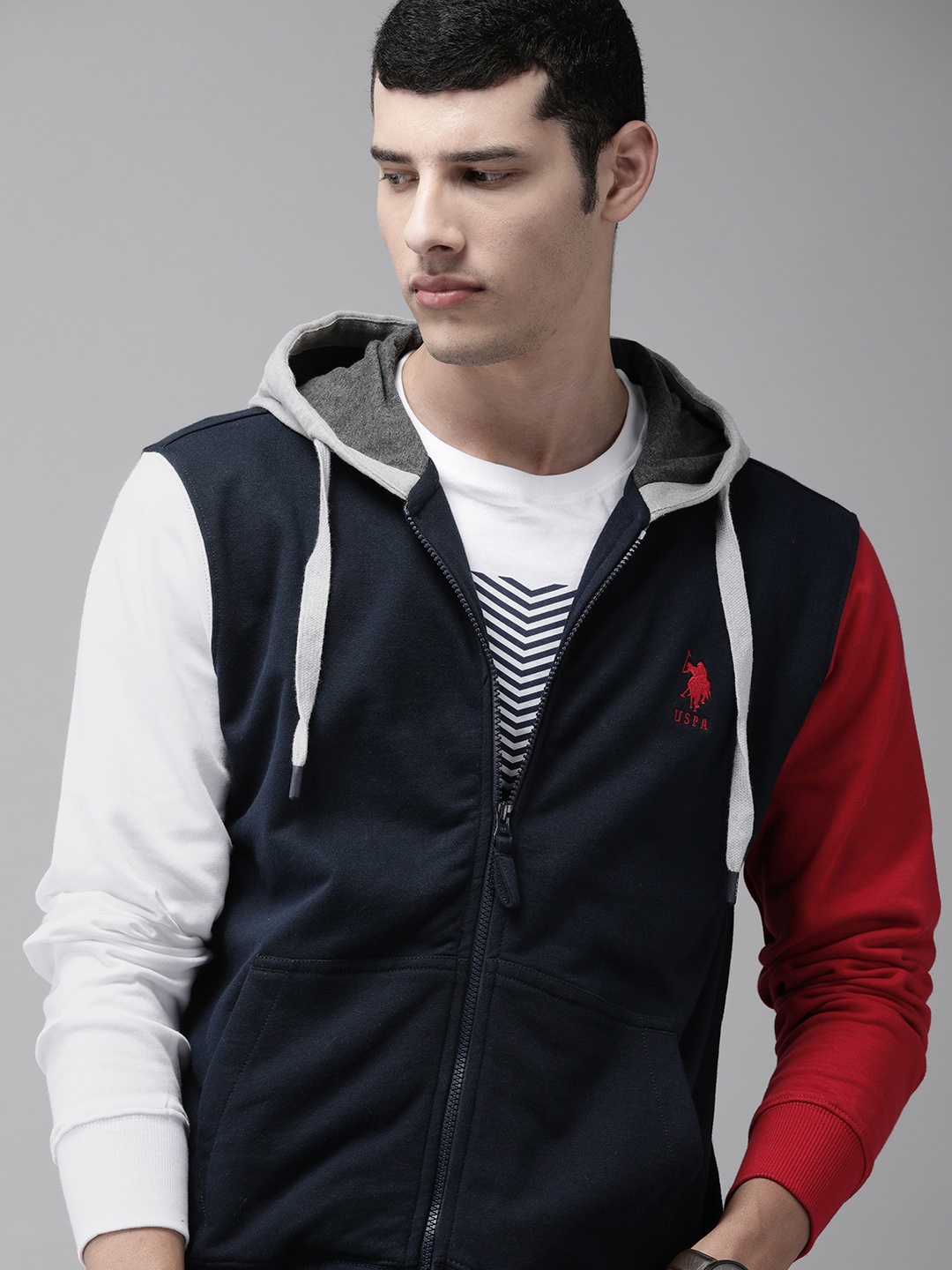 

U S Polo Assn Men Navy Blue Solid Contrast Sleeves Front-Open Hooded Sweatshirt