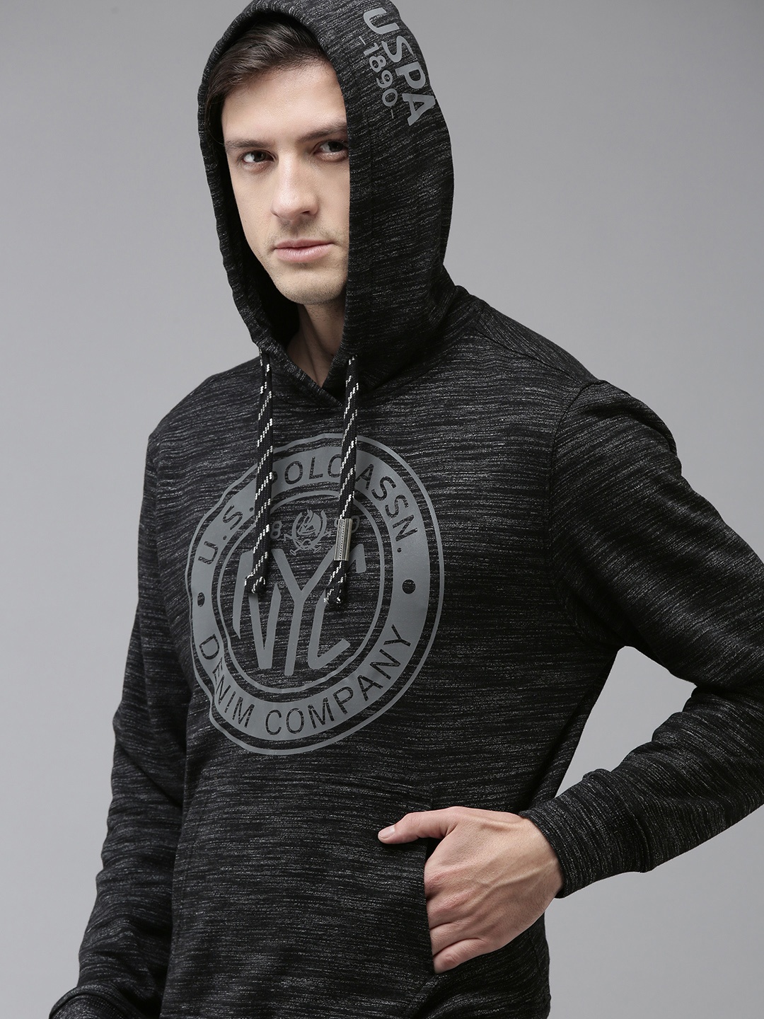 

U S Polo Assn Denim Co Men Black Colourblocked Printed Hooded Sweatshirt