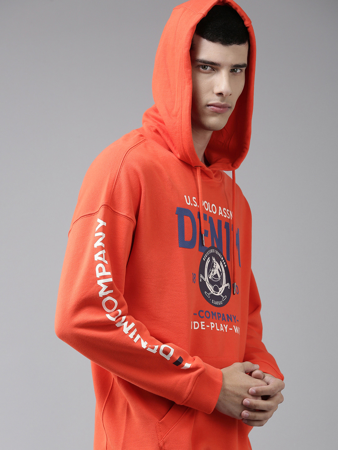 

U S Polo Assn Denim Co Men Orange Graphic Printed Pure Cotton Hooded Sweatshirt