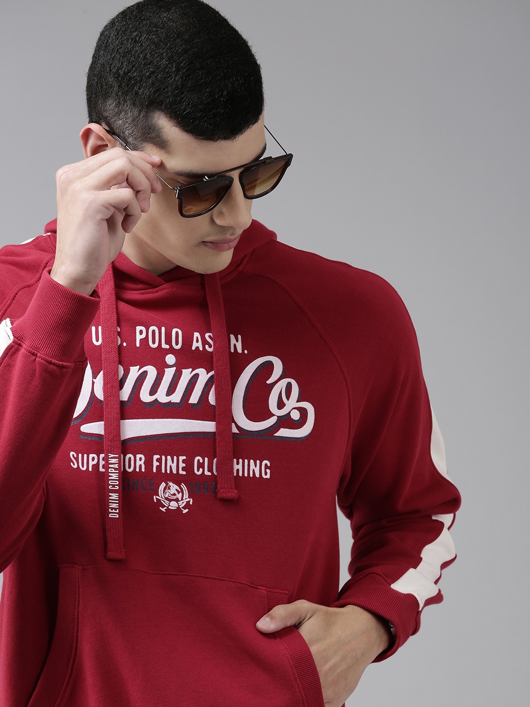 

U S Polo Assn Denim Co Men Red Graphic Printed Pure Cotton Hooded Sweatshirt
