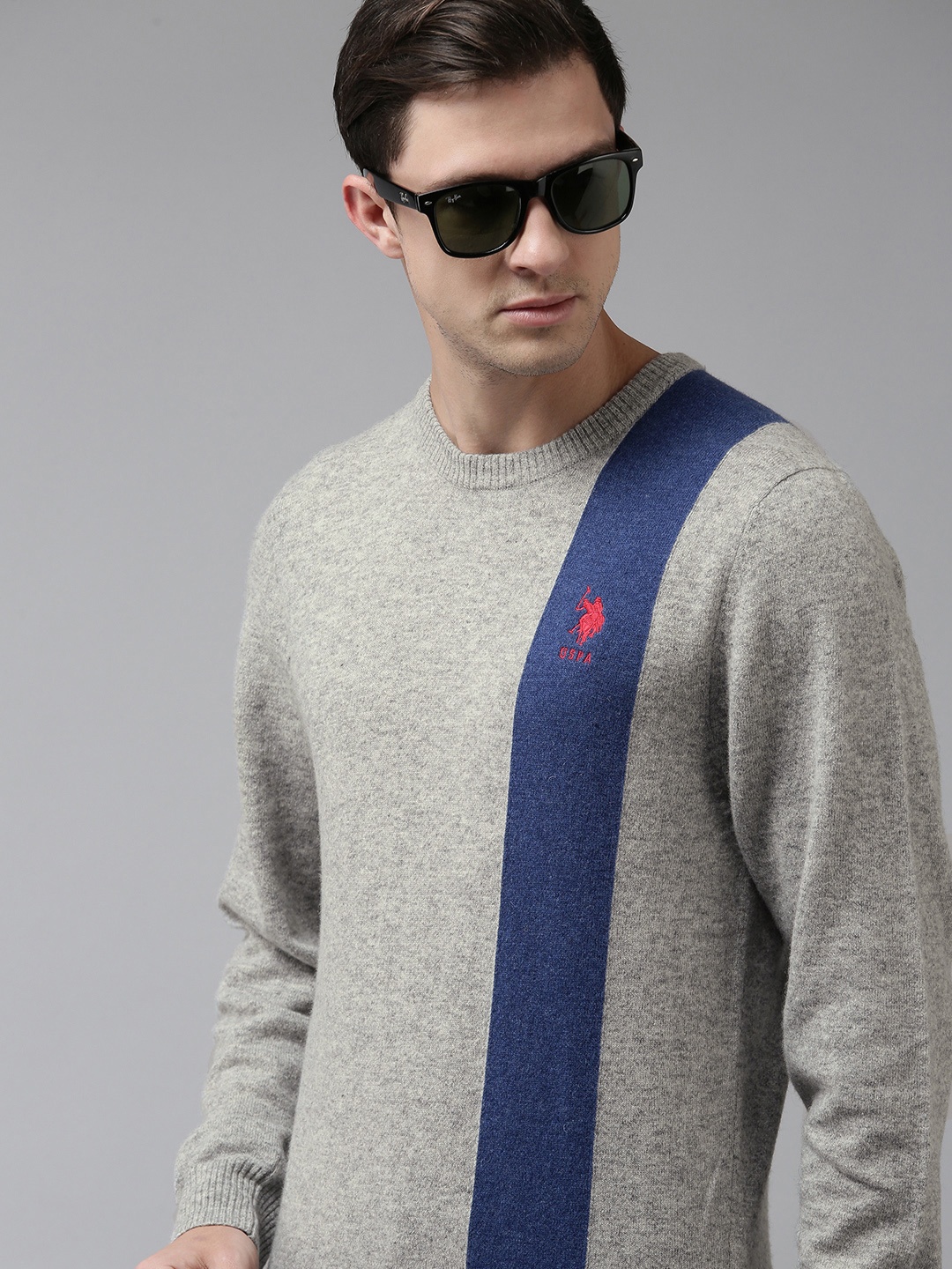 

U S Polo Assn Men Grey & Blue Colourblocked Pullover