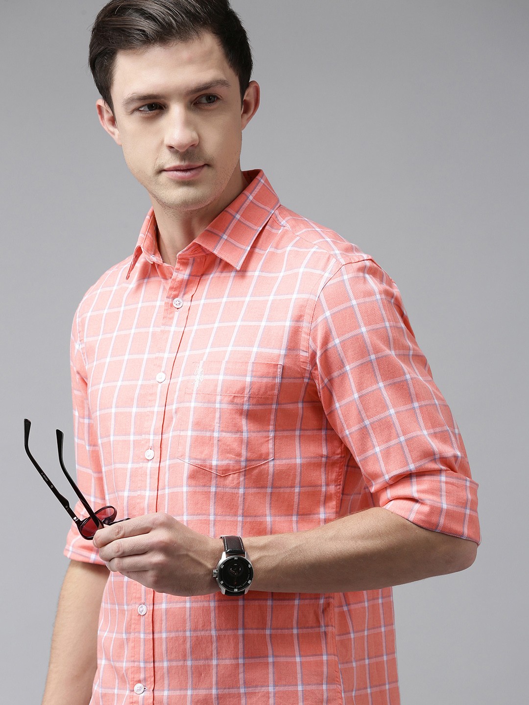 

U S Polo Assn Men Peach Tailored Fit Windowpane Checked Opaque Casual Shirt