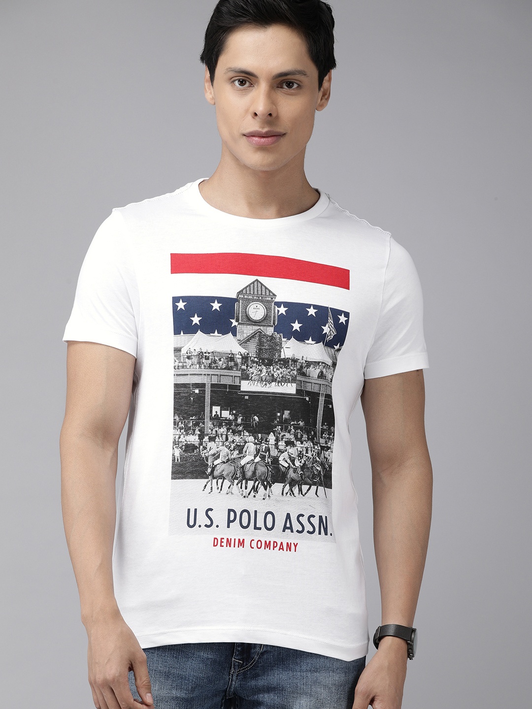 

U.S. Polo Assn. Denim Co. Men White & Grey Cotton Brand Logo & Graphic Print T-shirt
