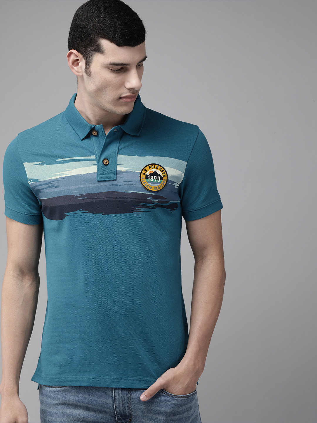 

U S Polo Assn Denim Co Men Blue & Purple Striped Polo Collar T-shirt