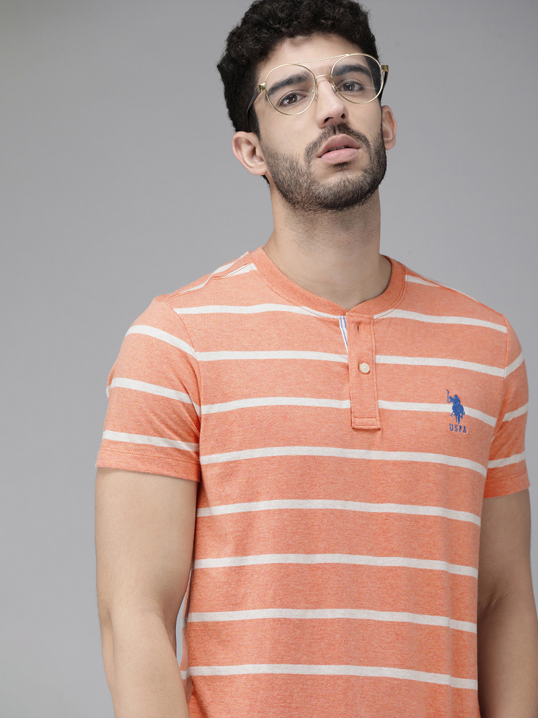 

U S Polo Assn Men Coral Pink & Off White Striped Mandarin Collar T-shirt
