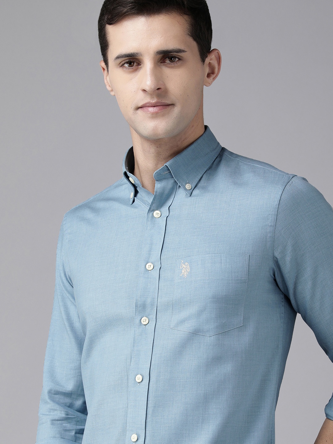 

U S Polo Assn Men Blue Solid Tailored Fit Pure Cotton Casual Shirt