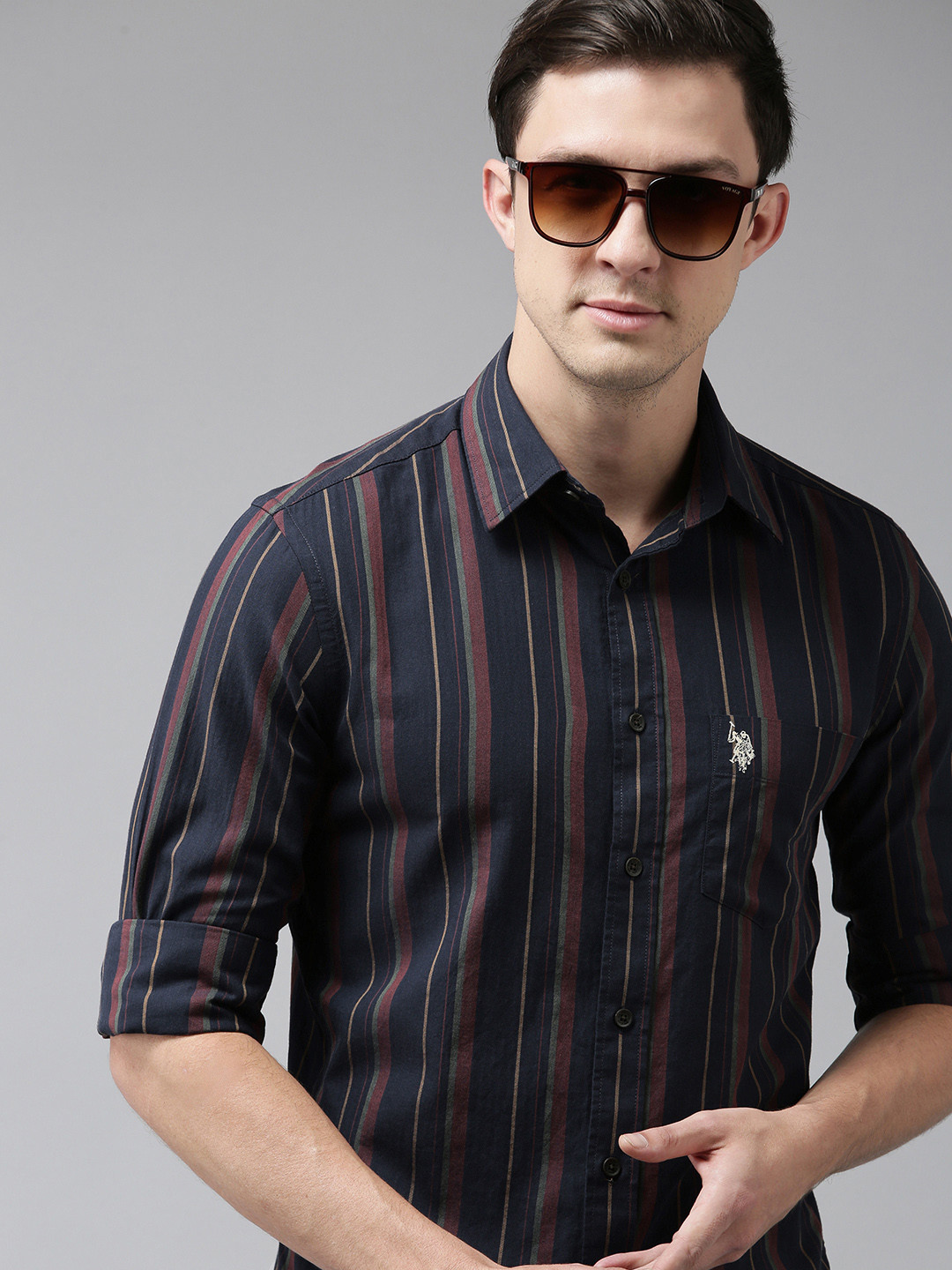 

U S Polo Assn Men Navy Blue & Burgundy Tailored Fit Striped Pure Cotton Casual Shirt