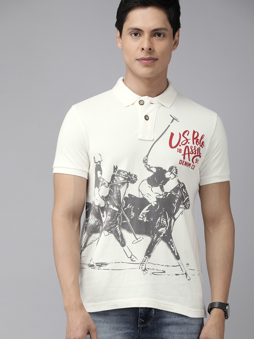 

U.S. Polo Assn. Denim Co. Men Off-White & Grey Cotton Brand Logo & Graphic Print T-shirt