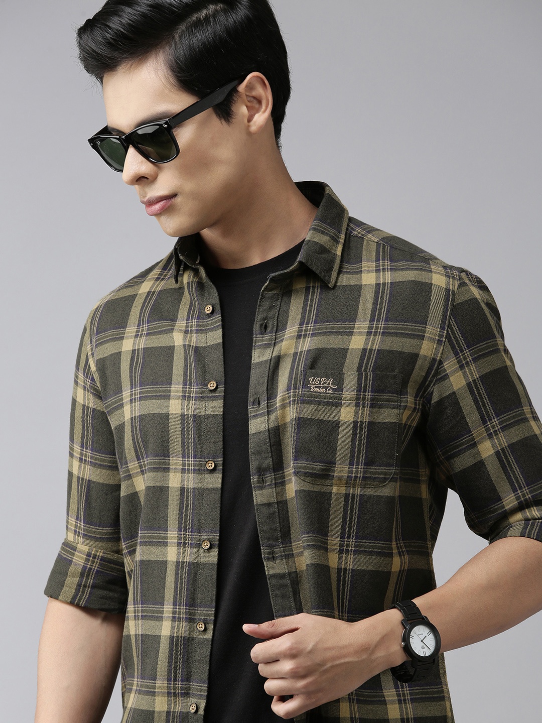 

U S Polo Assn Denim Co Men Yellow & Olive Regular Fit Checked Casual Shirt