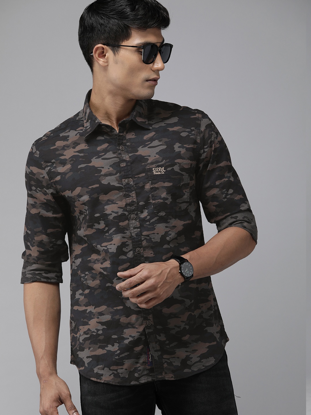 

U S Polo Assn Denim Co Men Black & Grey Slim Fit Printed Casual Shirt