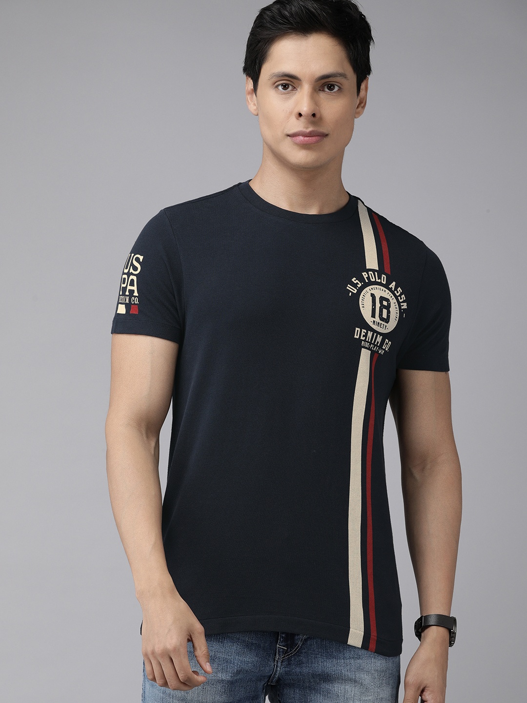 

U.S. Polo Assn. Denim Co. Men Navy Blue Striped Cotton T-shirt