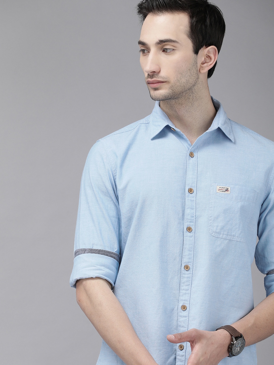 

U S Polo Assn Denim Co Men Blue Solid Slim Fit Casual Shirt