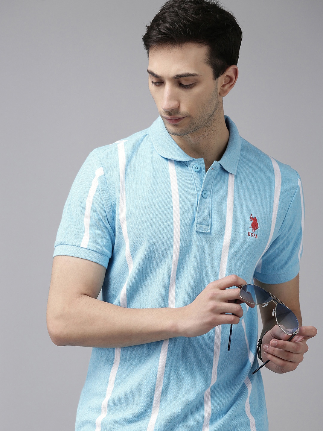

U.S. Polo Assn. Men Blue & White Striped Polo Collar Pure Cotton T-shirt