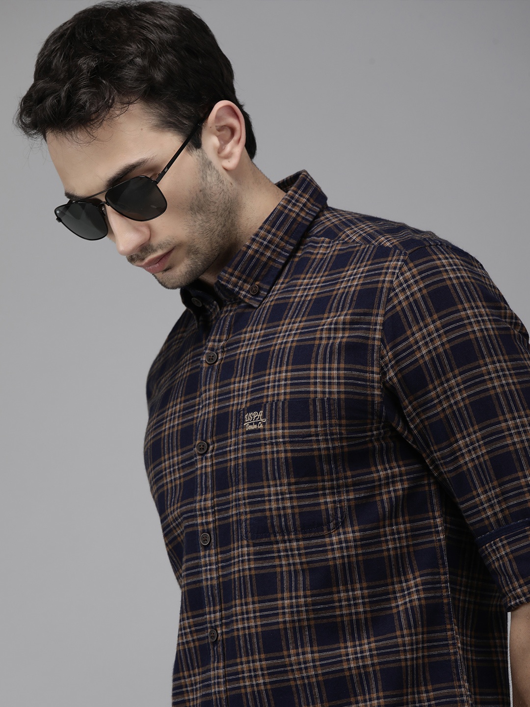 

U S Polo Assn Denim Co Men Blue Slim Fit Opaque Checked Cotton Casual Shirt