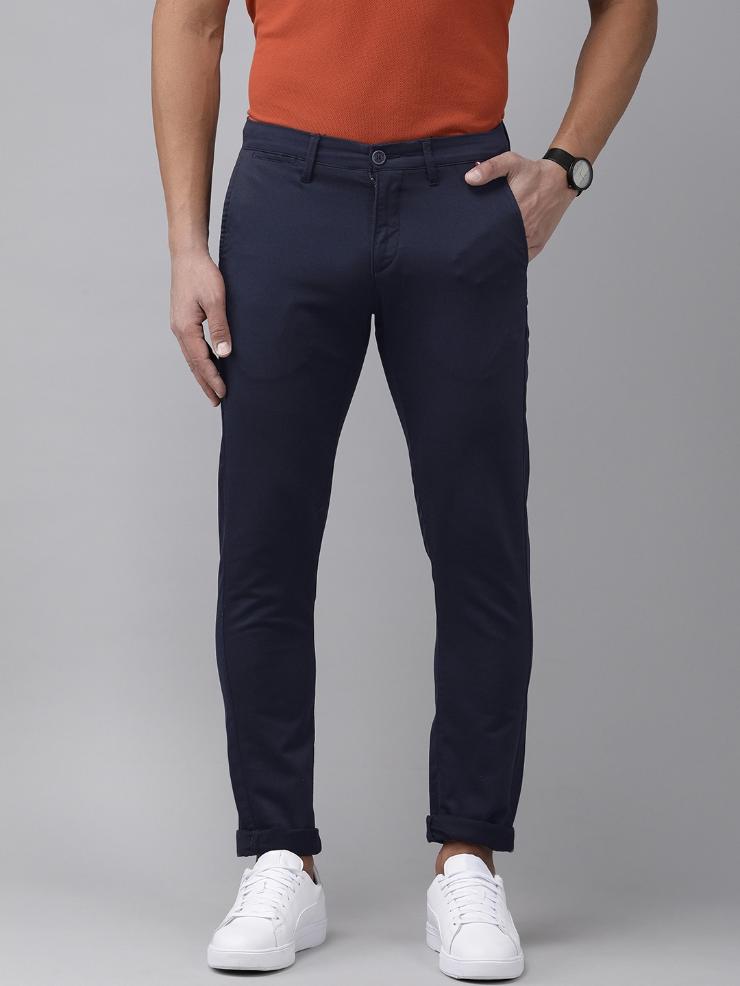 

U S Polo Assn Men Navy Blue Self-design Austin Trim Fit casual Trousers