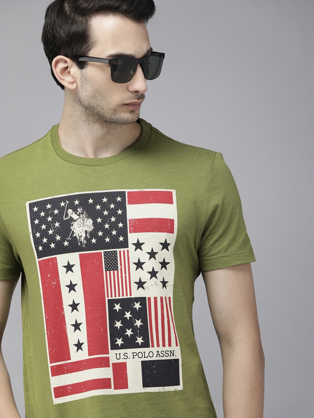 

U S Polo Assn Denim Co Men Olive Green Red Brand Logo Printed Round Neck Pure Cotton T-shirt