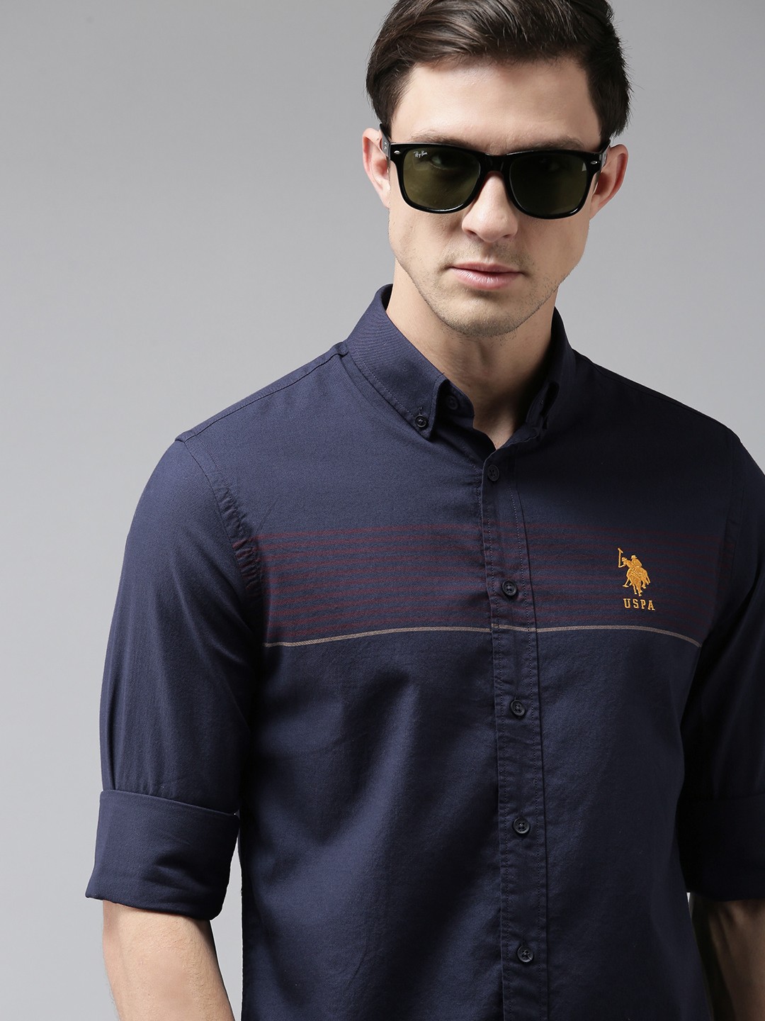 

U S Polo Assn Men Navy Blue Tailored Fit Horizontal Striped Pure Cotton Casual Shirt