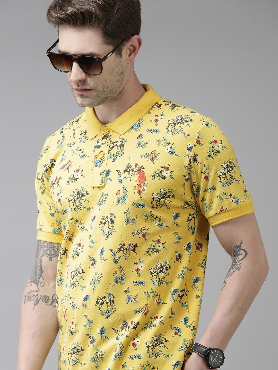 

U S Polo Assn Men Yellow Printed Polo Collar Slim Fit T-shirt