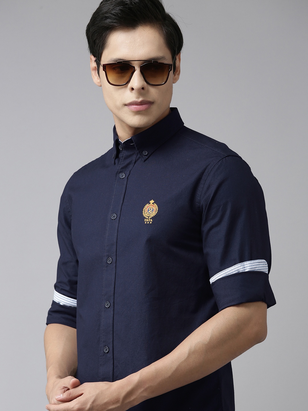 

U S Polo Assn Men Navy Blue Solid Pure Cotton Casual Shirt