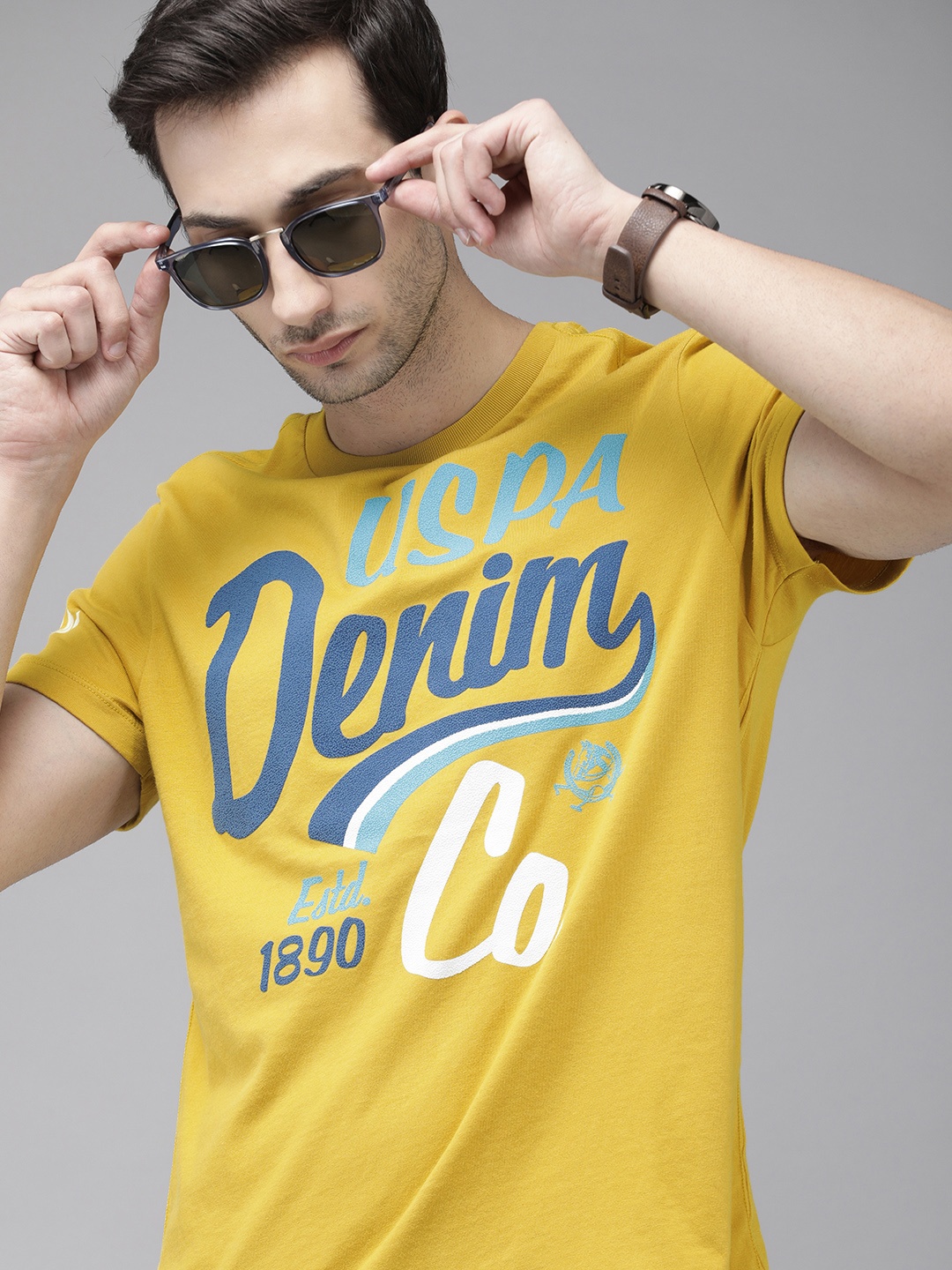 

U S Polo Assn Denim Co Men Yellow & Blue Brand Logo Printed T-shirt