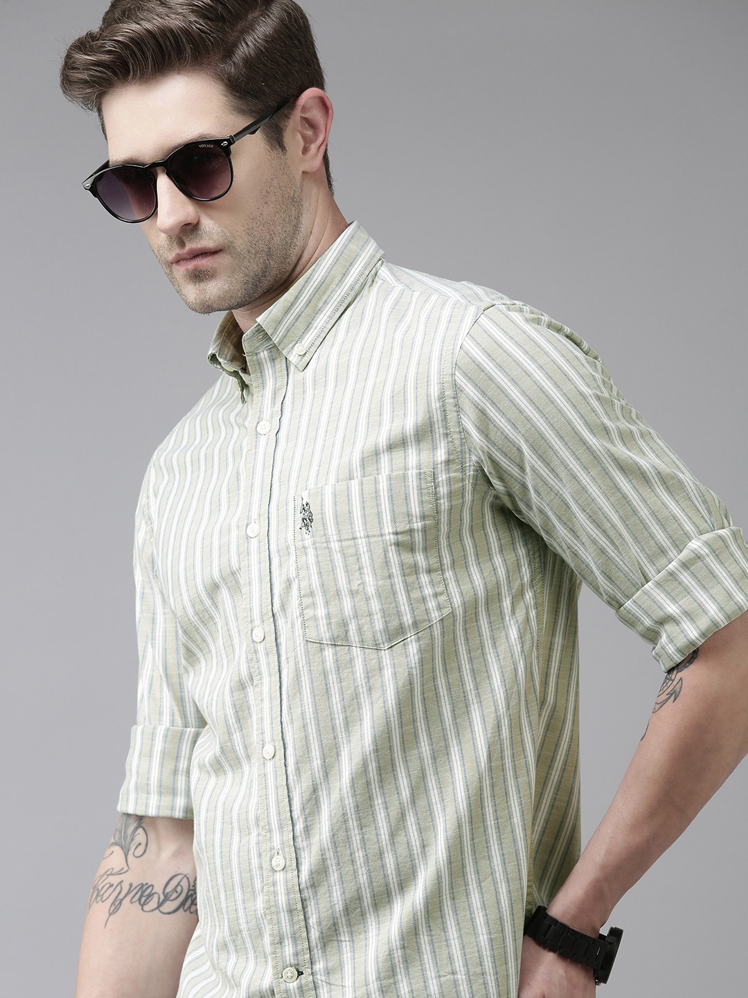 

U S Polo Assn Men Multicoloured Tailored Fit Multi Striped Opaque Pure Cotton Casual Shirt