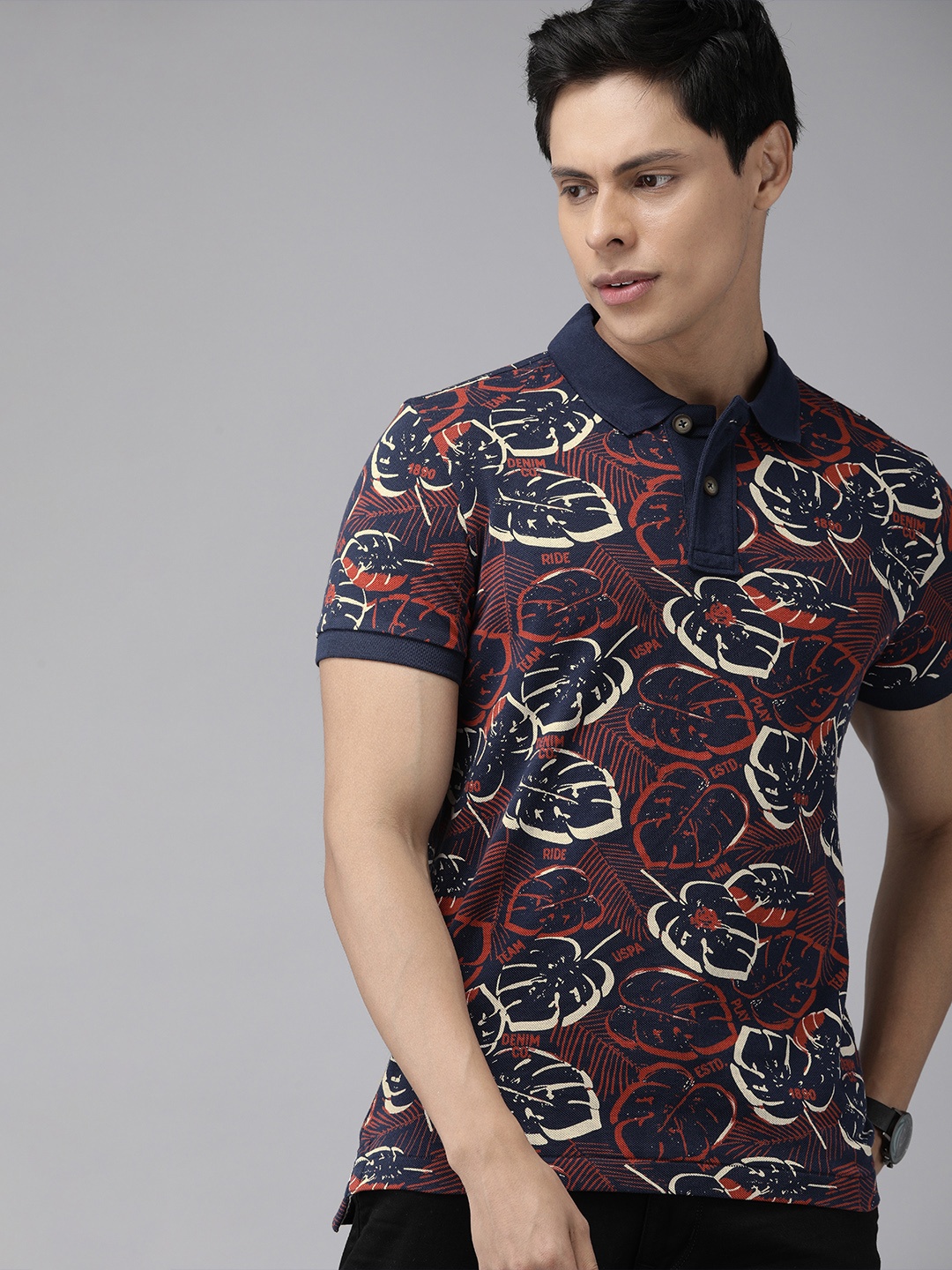 

U.S. Polo Assn. Denim Co. Men Navy Blue & Red Cotton Leaf Print Polo Collar T-shirt