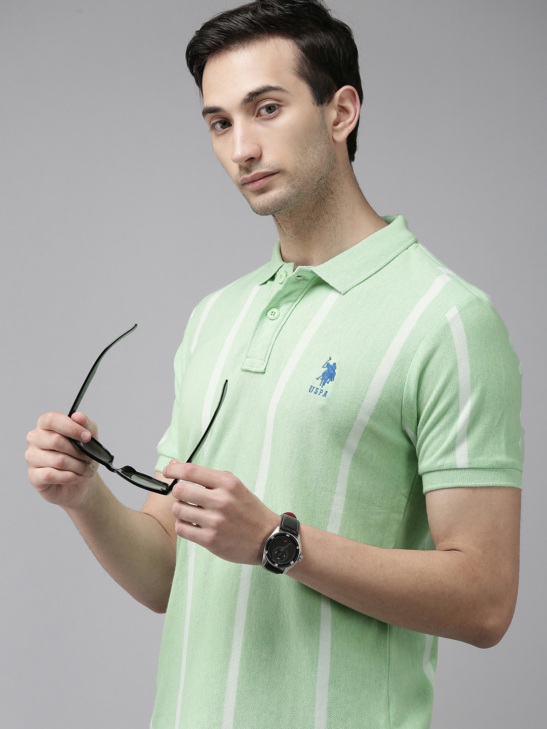 

U.S. Polo Assn. Men Green & White Striped Polo Collar Pure Cotton T-shirt