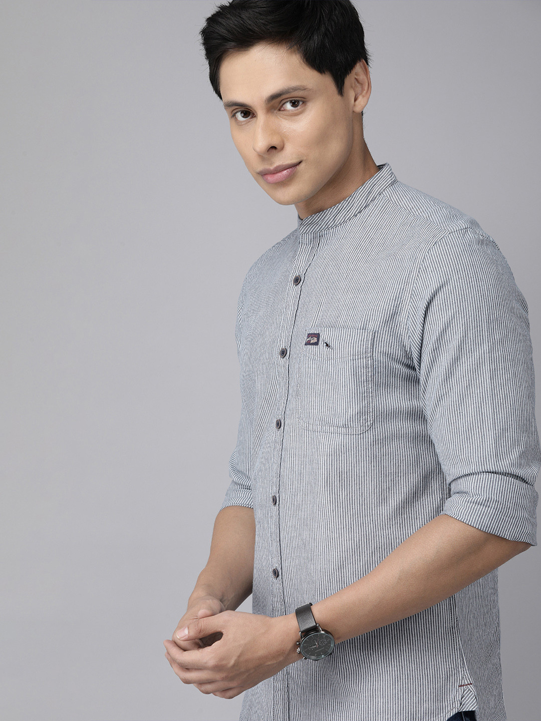 

U.S. Polo Assn. Denim Co. Men Grey & Blue Slim Fit Pinstripes Sustainable Casual Shirt