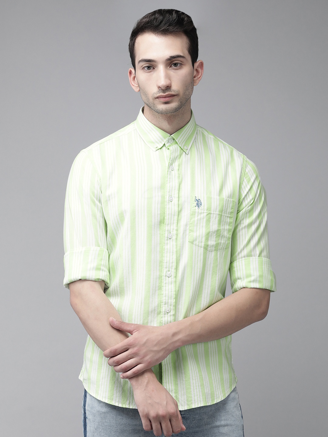 

U S Polo Assn Men Green & White Tailored Fit Opaque Striped Casual Shirt