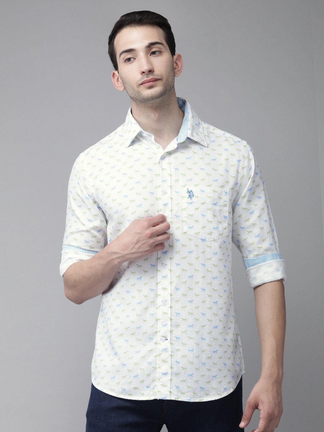

U S Polo Assn Men White & Green Tailored Fit Opaque Printed Casual Shirt