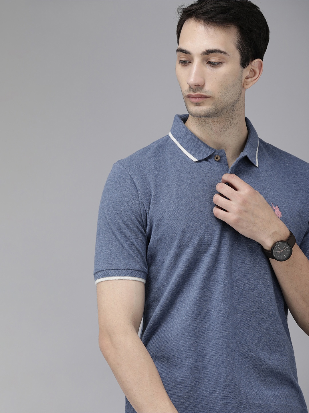 

U S Polo Assn Men Blue Melange Polo Collar T-shirt