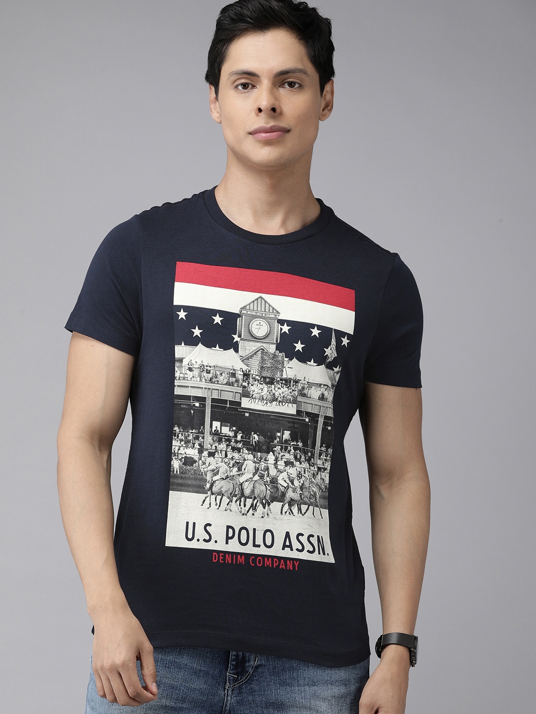 

U.S. Polo Assn. Denim Co. Men Navy Blue & Off-White Cotton Brand Logo Print T-shirt